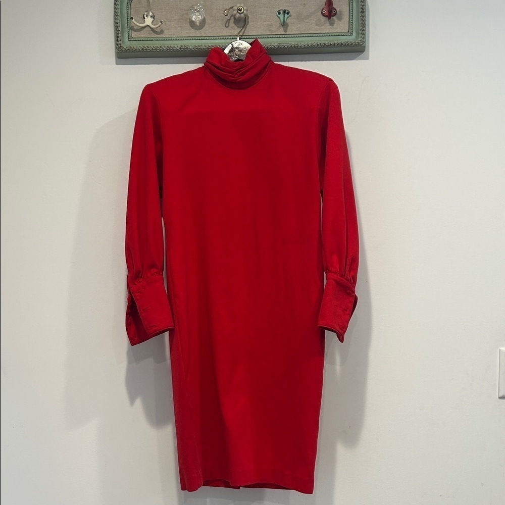 Vintage 80s Pearl C Crimson Red Long Sleeve cotton Dress wiggle small 4 women’s